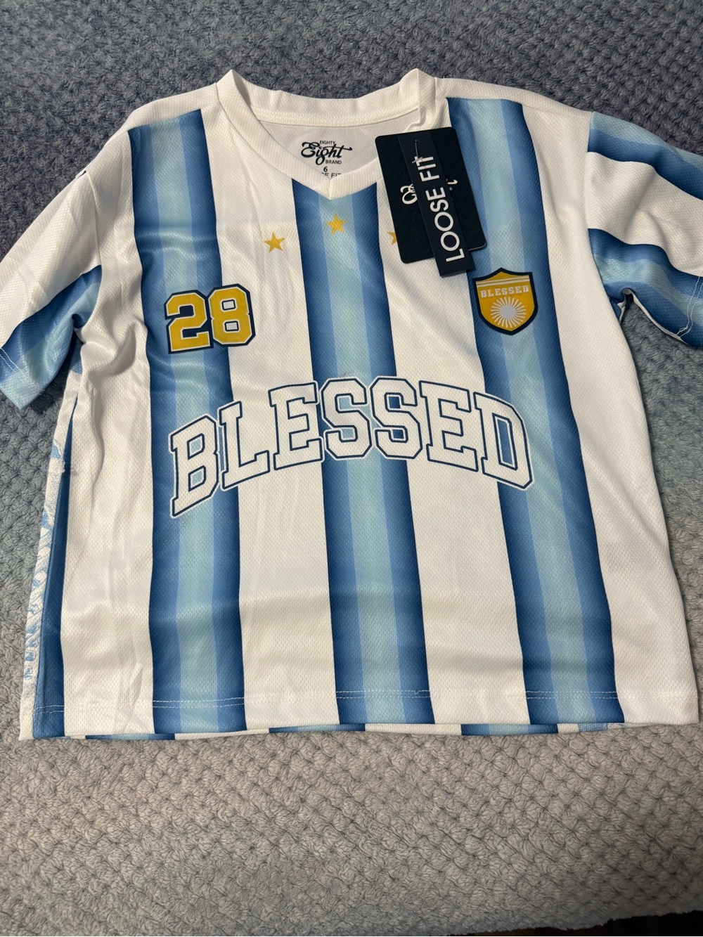Eighty Eight Blue & White Striped 'BLESSED' Soccer Tee with Yellow Accents